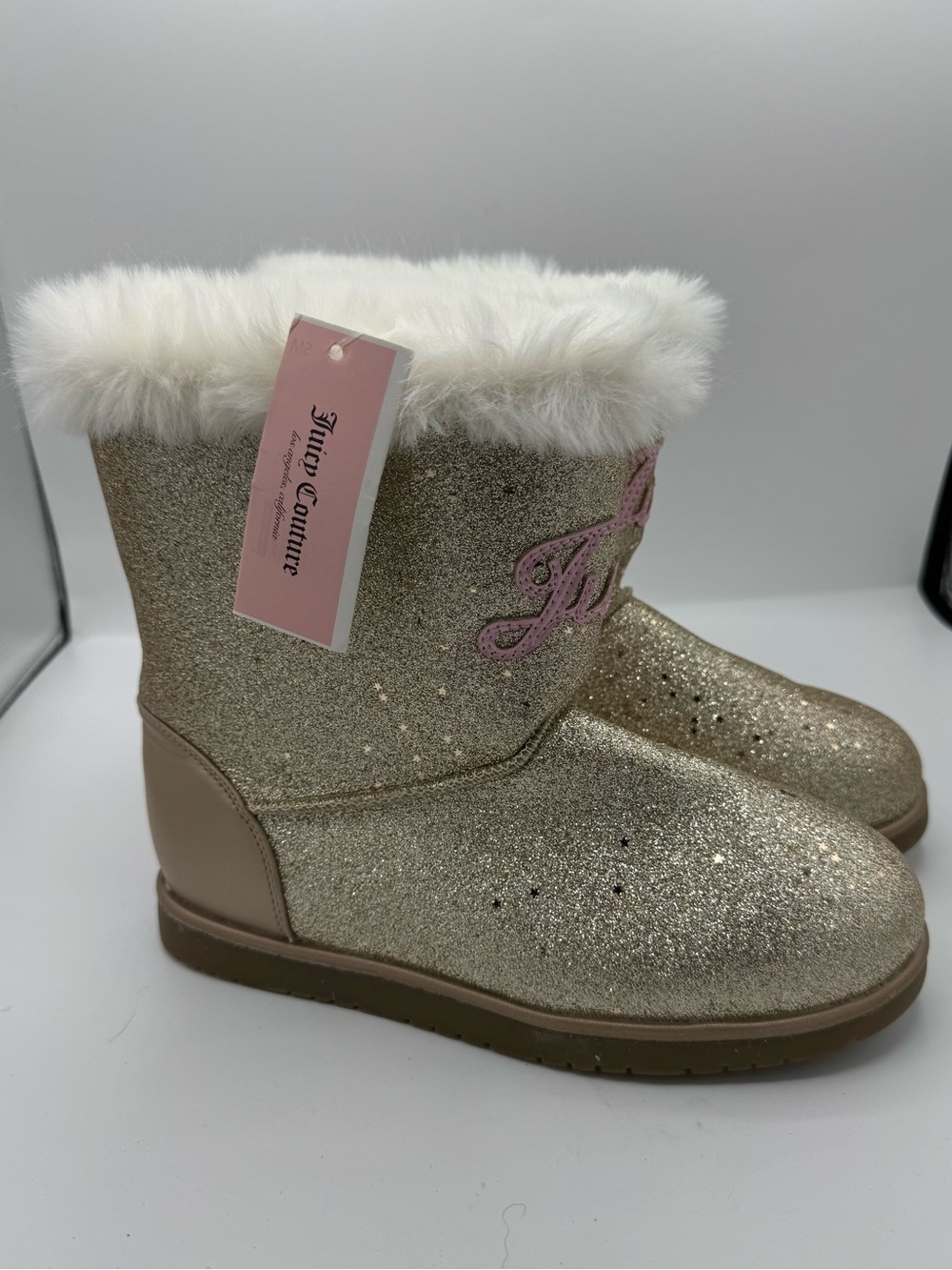 NWT JUICY COUTURE Big Girls TEMECULA Gold LOGO Glitter Faux Shearling BOOTS 5